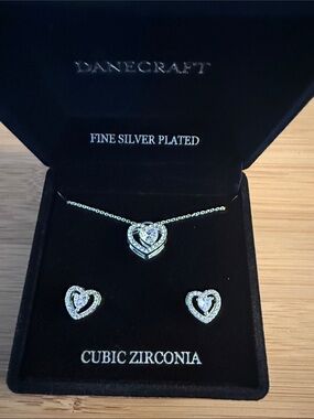 Danecraft Silver Plated White CZ Heart Pendant Necklace & Earrings Jewelry Set